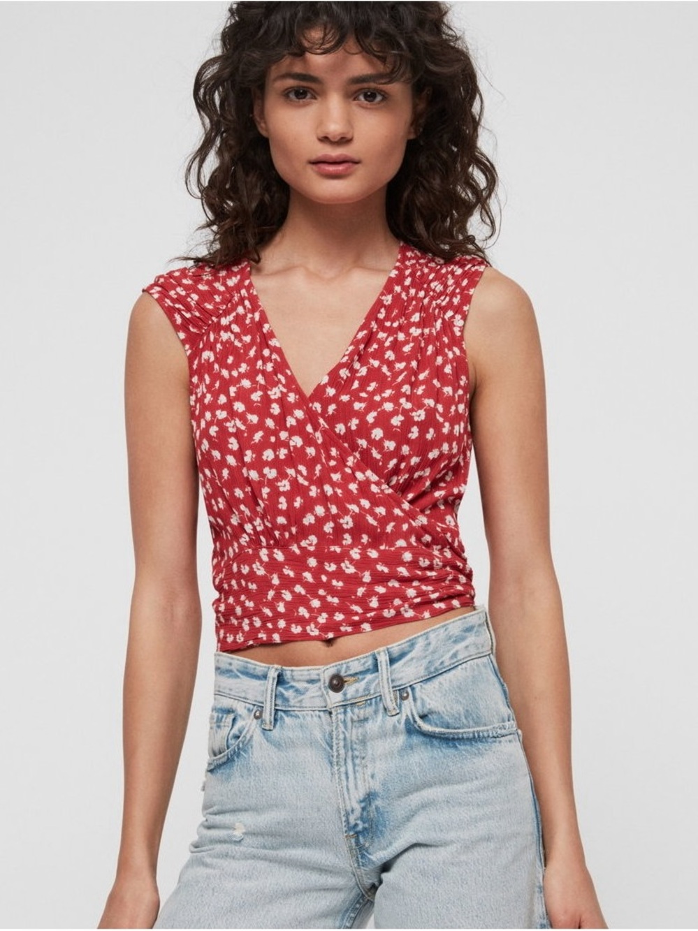 All Saints Krystle Scatter Red Floral Wrap Crop Top